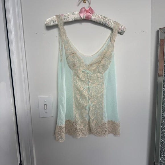 Vintage baby blue and cream Lace Trim cami sheer fairy core coquette lace up 34 - Picture 3 of 10